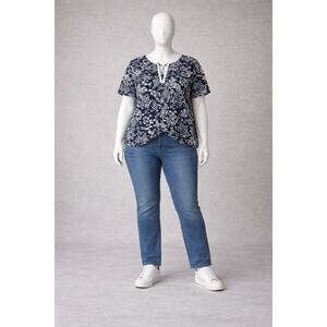 Lucky Brand Floral Boho Blouse Womens 1X Blue White Peasant Top y2k style